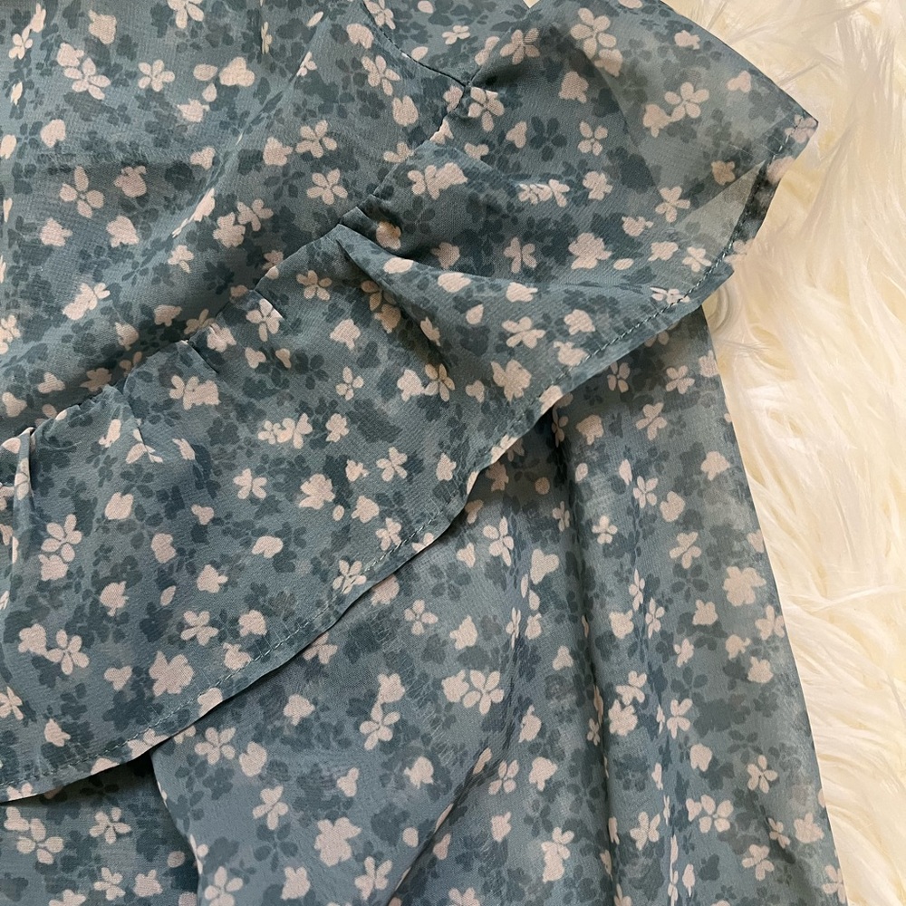 Zara Teal Floral Ruffle Button-Up Blouse - Picture 2 of 9